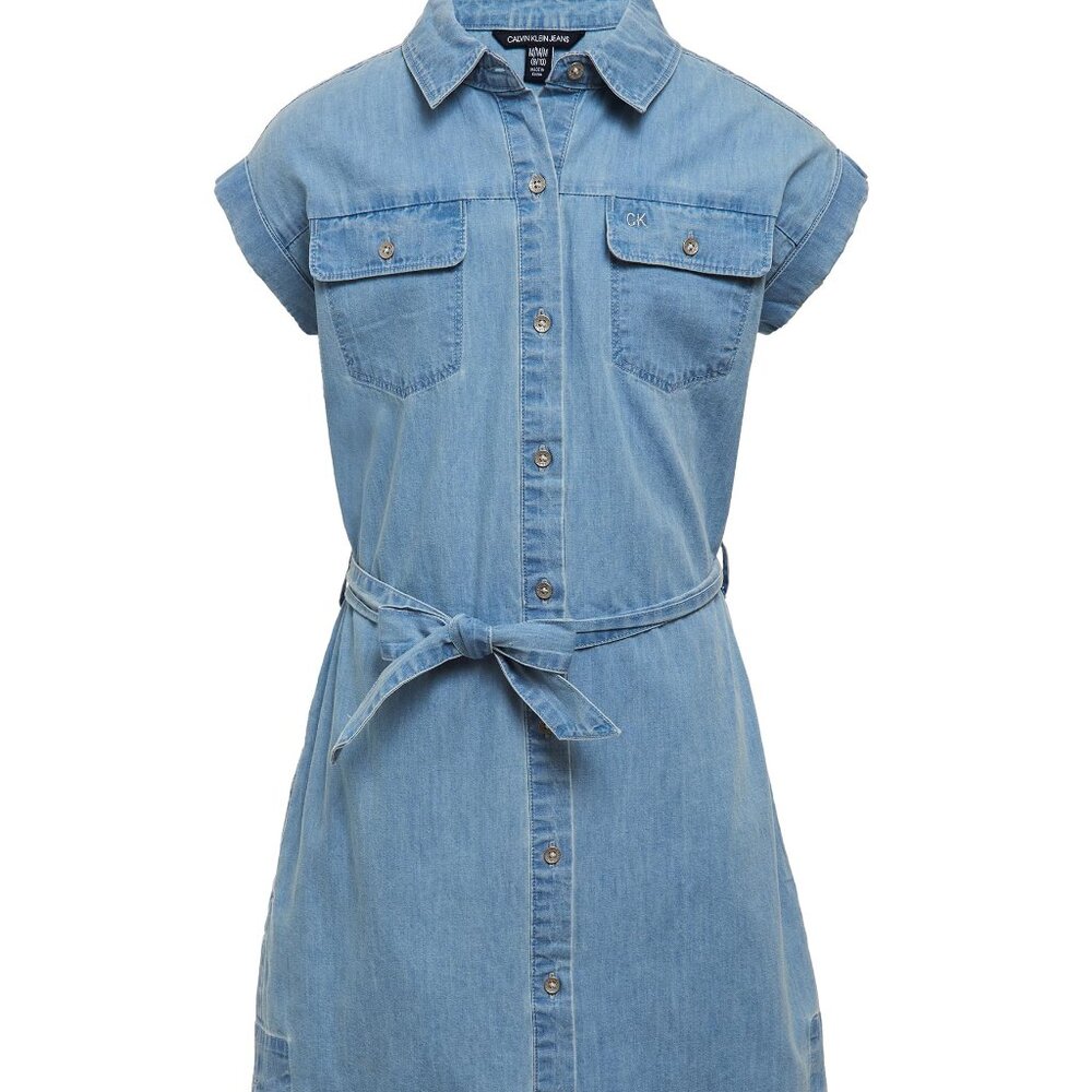 Calvin Klein Girls' Short Sleeve Chambray Denim Shirt Dress,  14